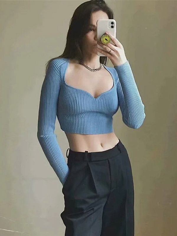 Blue Plunge V-neck Long Sleeve Cropped Tops