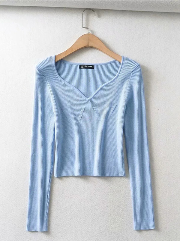 Blue Plunge V-neck Long Sleeve Cropped Tops