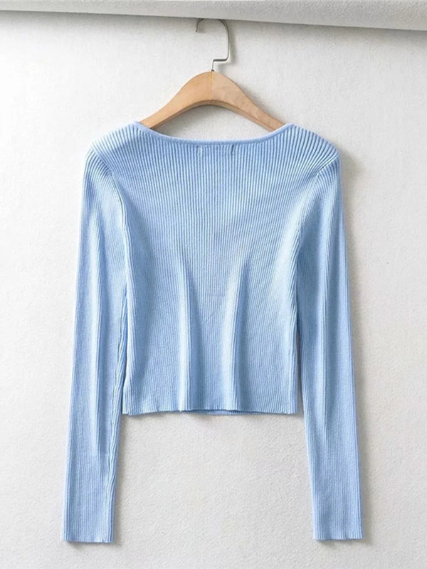 Blue Plunge V-neck Long Sleeve Cropped Tops