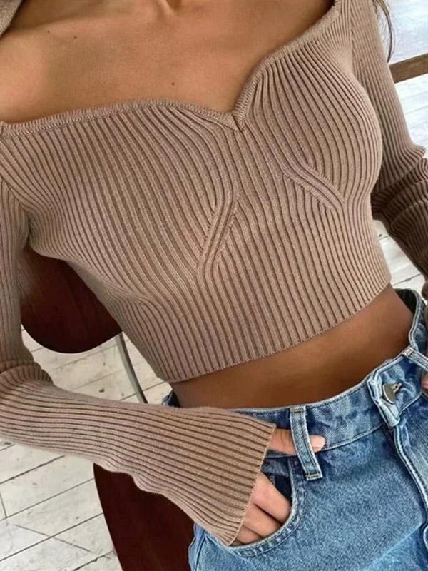 Khaki Plunge V-neck Long Sleeve Cropped Tops