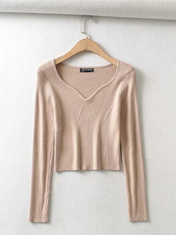 Khaki Plunge V-neck Long Sleeve Cropped Tops