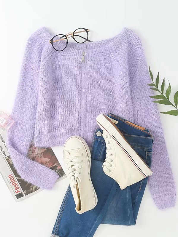 Purple Off-shoulder Plush Cropped Tops with Zipper Front