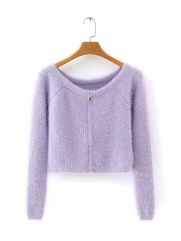 Purple Off-shoulder Plush Cropped Tops with Zipper Front