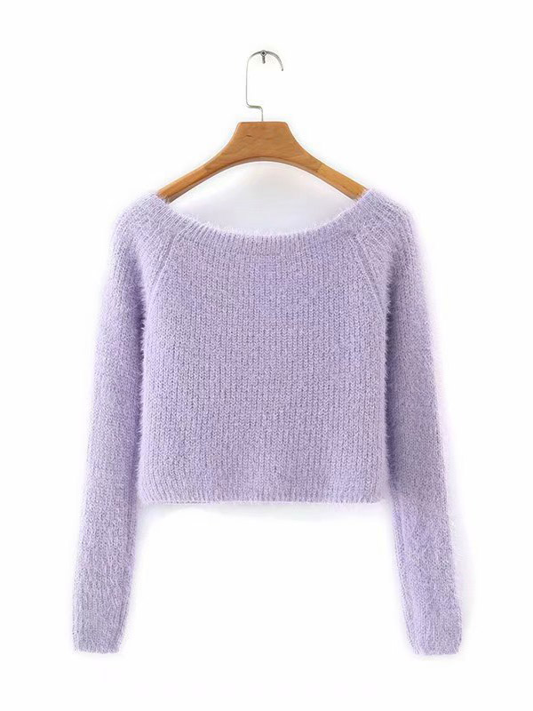 Purple Off-shoulder Plush Cropped Tops with Zipper Front