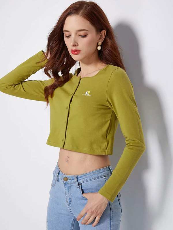 Green Knit Cropped Tops with Button Front