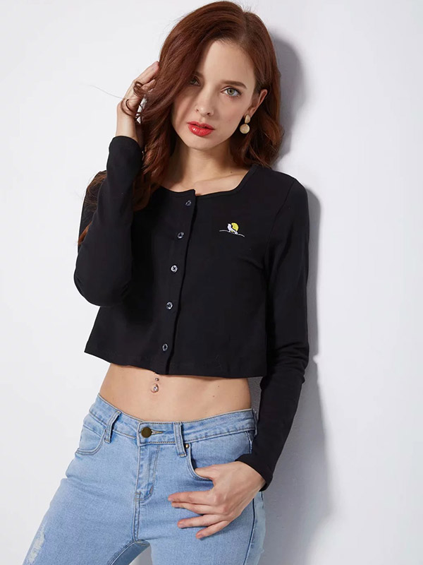 Black Knit Cropped Tops with Button Front