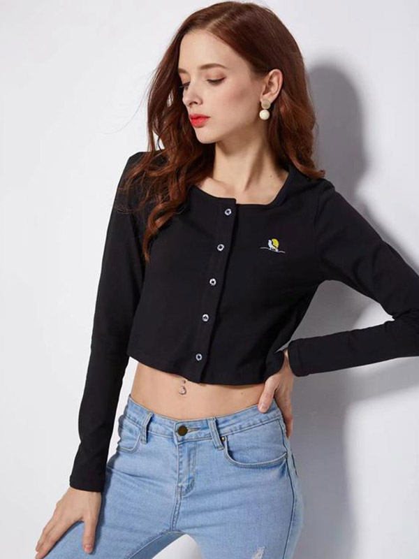 Black Knit Cropped Tops with Button Front