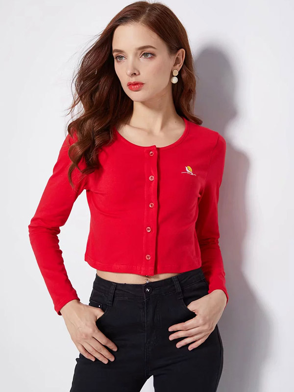 Red Knit Cropped Tops with Button Front