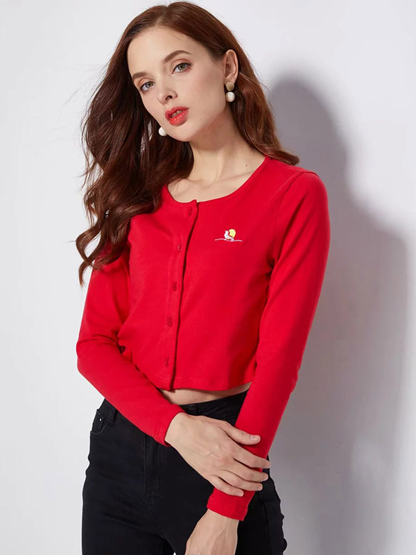 Red Knit Cropped Tops with Button Front