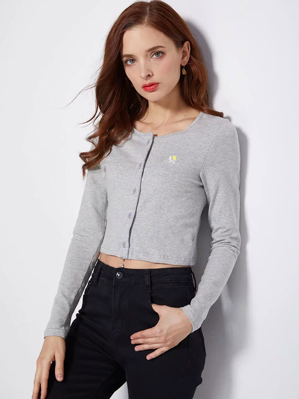 Grey Knit Cropped Tops with Button Front