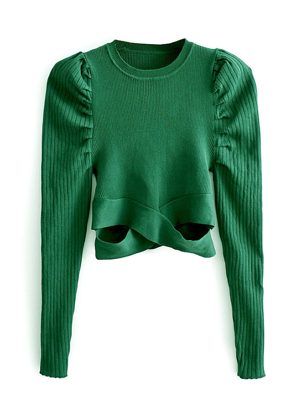 Green Puff Sleeve Knit Cropped Tops