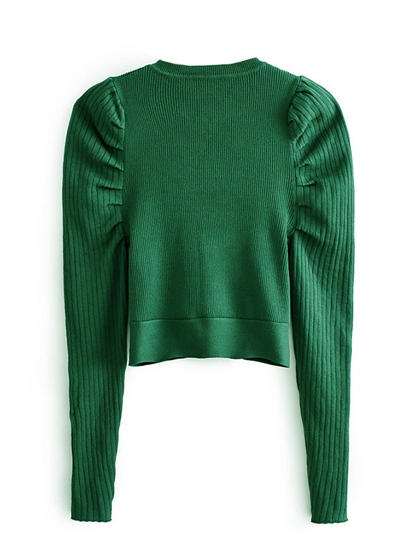 Green Puff Sleeve Knit Cropped Tops