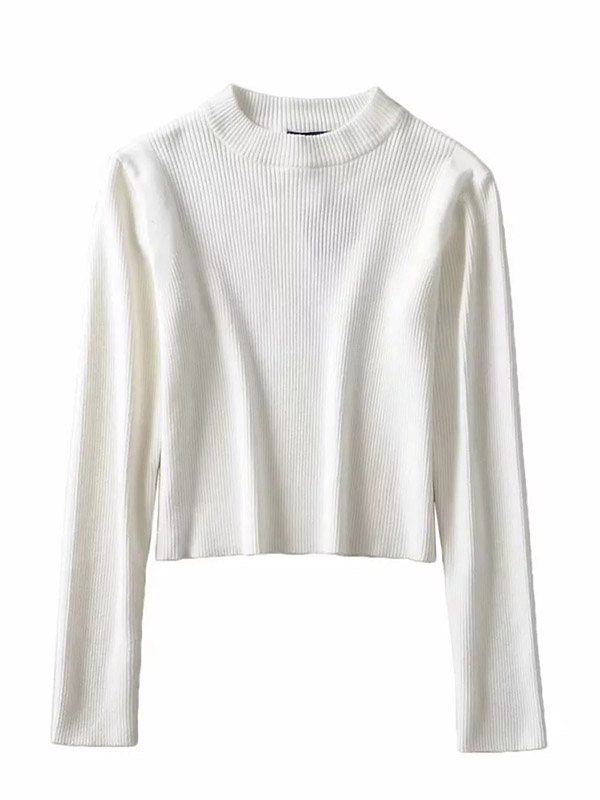 White Round Neck Long Sleeve Cropped Tops