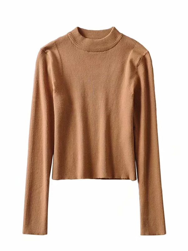 Khaki Round Neck Long Sleeve Cropped Tops