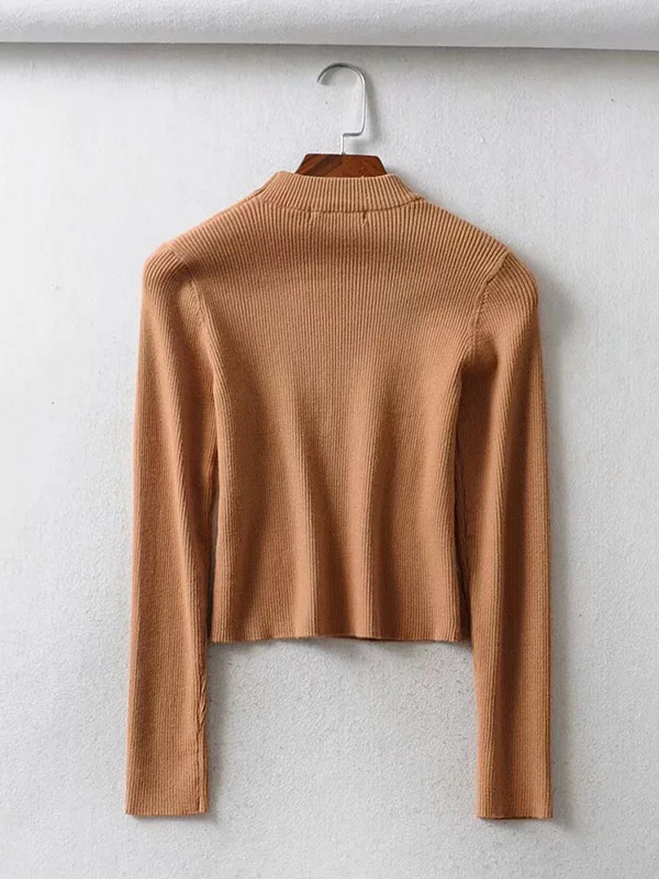 Khaki Round Neck Long Sleeve Cropped Tops