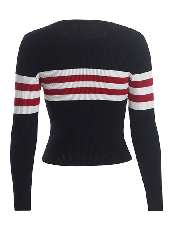 Navy Cropped Tops with Red & Black Stripes