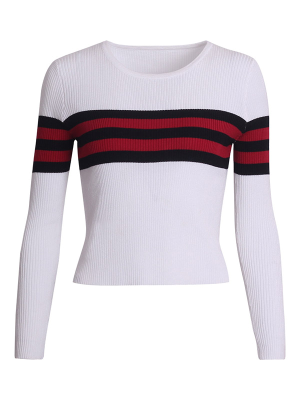 White Cropped Tops with Red & Black Stripes