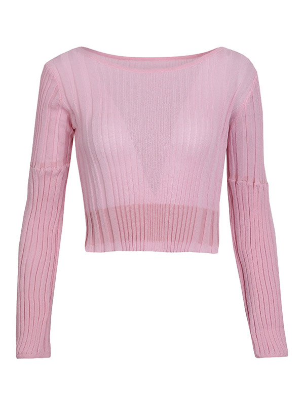 Pink Puff Sleeve Vertical Stripes Cropped Tops