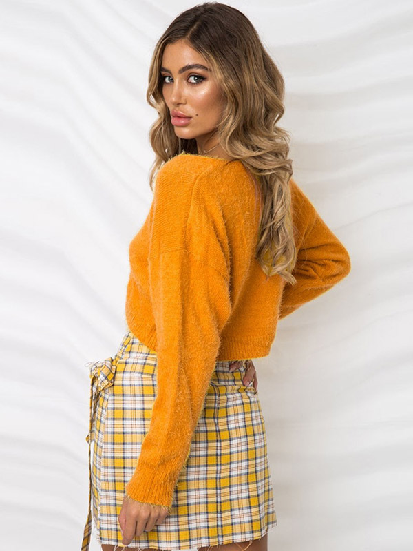 Orange Round Neck Plush Knit Cropped Tops