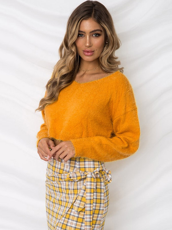 Orange Round Neck Plush Knit Cropped Tops