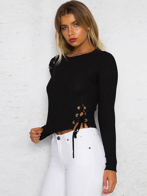 Black Cropped Tops with Hole Design & Side Split