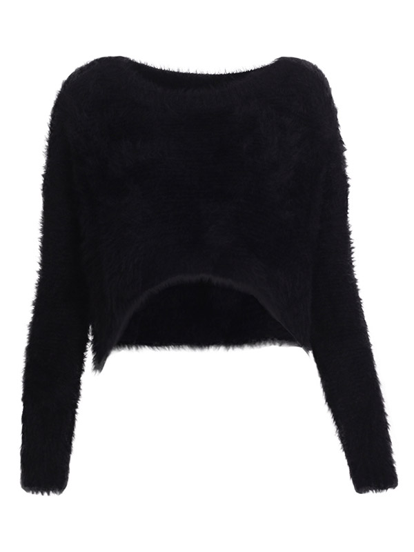 Black Round Neck Plush Knit Cropped Tops