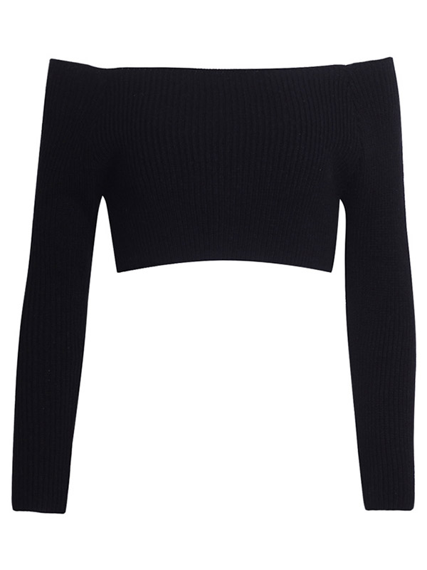 Black Off Shoulder Knit Cropped Tops