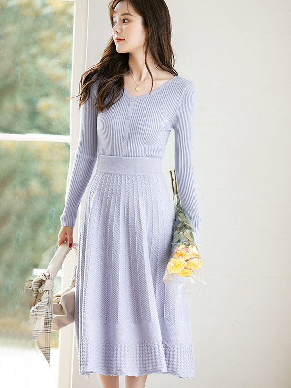 Purple Graceful Knitted Cardigans And Maxi Skirt