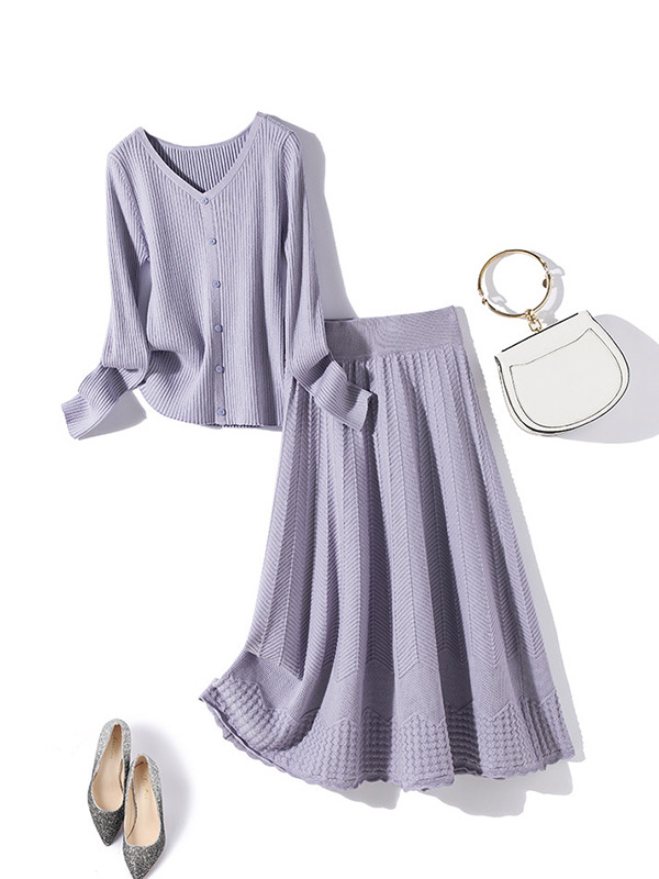 Purple Graceful Knitted Cardigans And Maxi Skirt