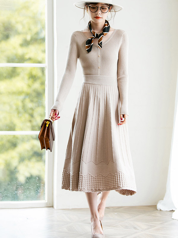 Apricot Graceful Knitted Cardigans And Maxi Skirts