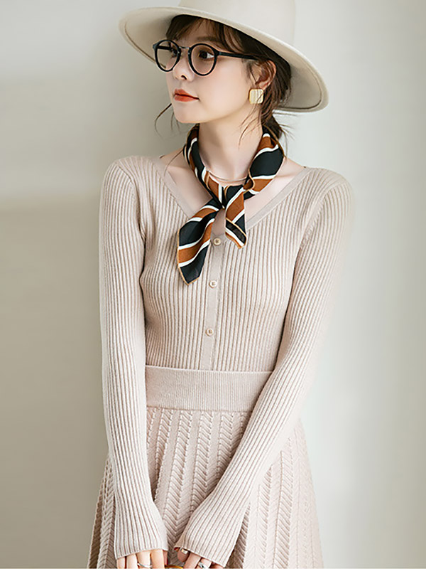 Apricot Graceful Knitted Cardigans And Maxi Skirts