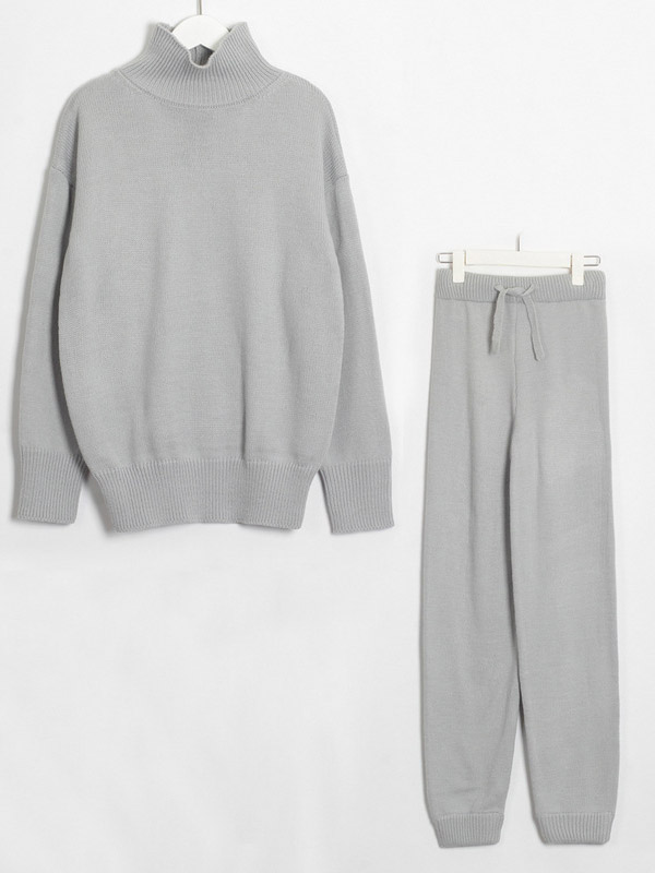 Grey Sporty Knitted Sweater And Jogger Sets