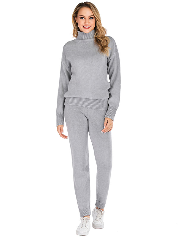 Grey Sporty Knitted Sweater And Jogger Sets