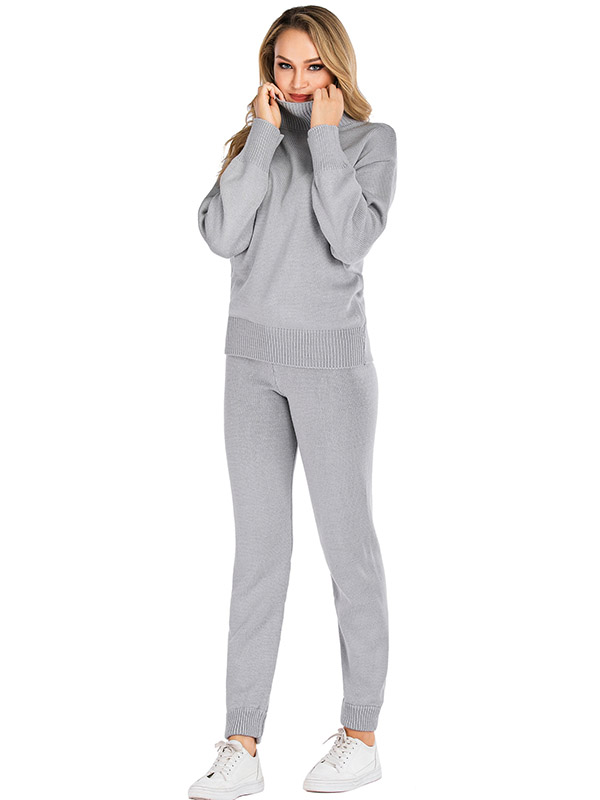 Grey Sporty Knitted Sweater And Jogger Sets