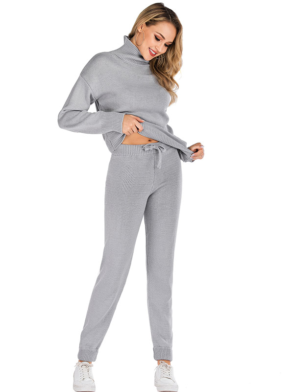 Grey Sporty Knitted Sweater And Jogger Sets