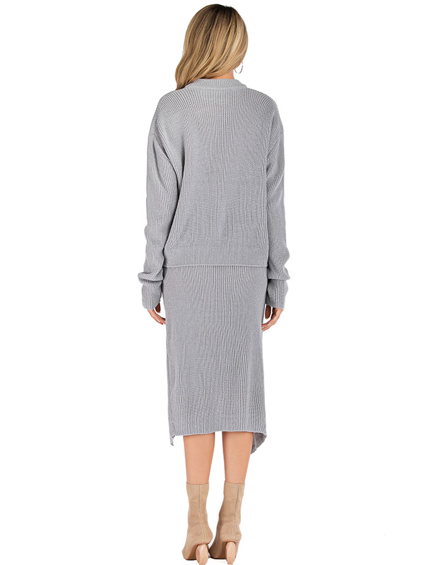 Grey Minimalism Knitted Sweater And Skirt Sets