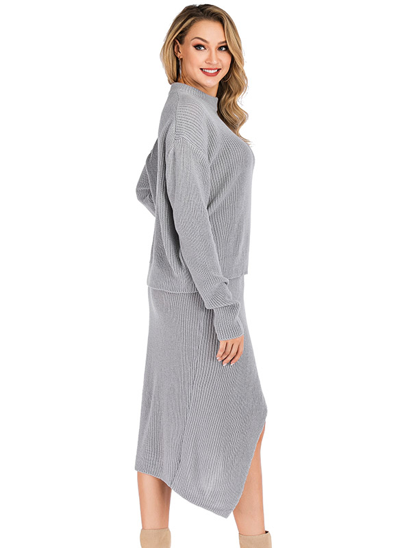 Grey Minimalism Knitted Sweater And Skirt Sets