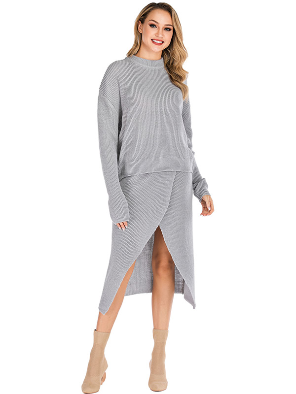 Grey Minimalism Knitted Sweater And Skirt Sets