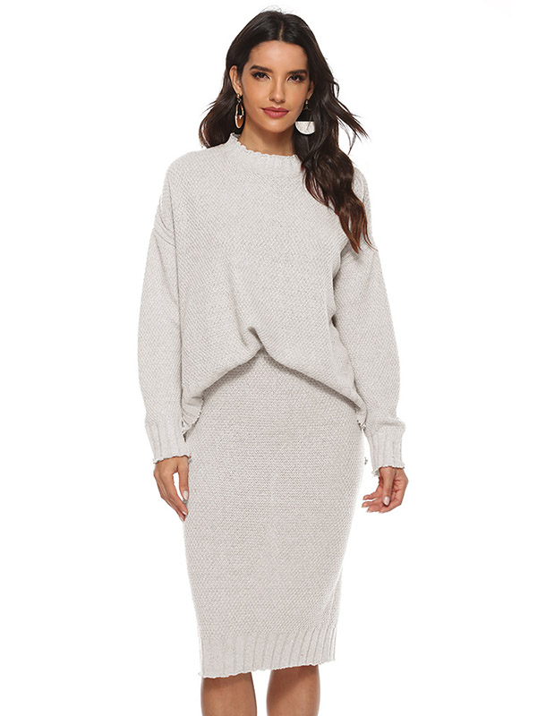 White Split Detail Knitted Sweater And Skirt Sets