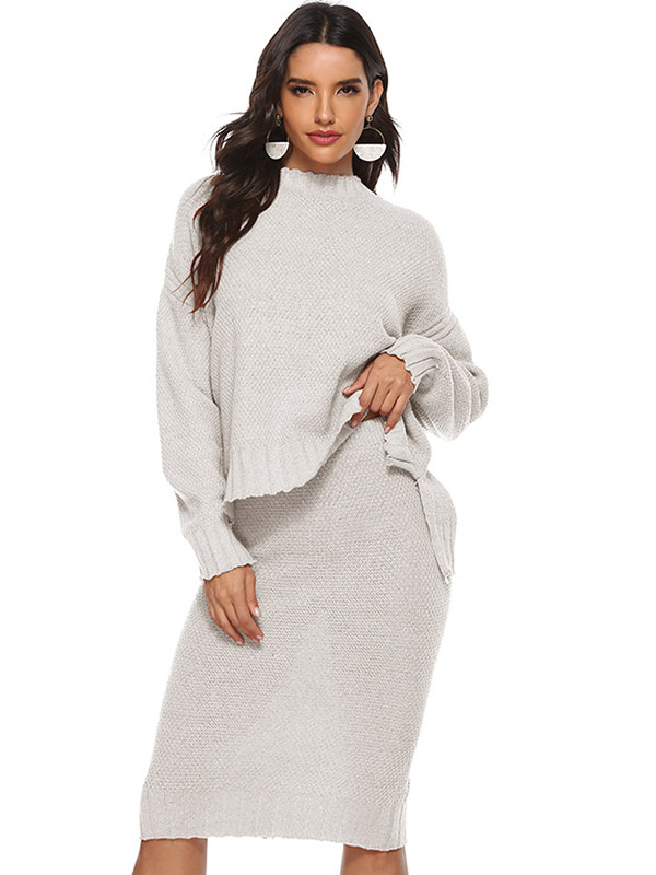 White Split Detail Knitted Sweater And Skirt Sets