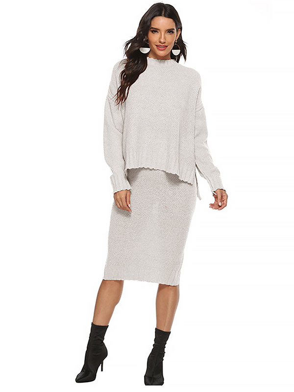 White Split Detail Knitted Sweater And Skirt Sets