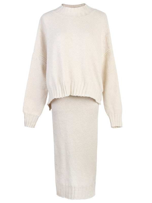 White Split Detail Knitted Sweater And Skirt Sets