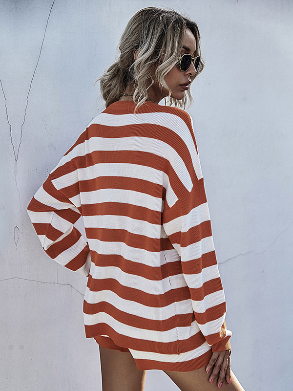 Khaki Stripe Contrast Knitted Sweater and Short Sets