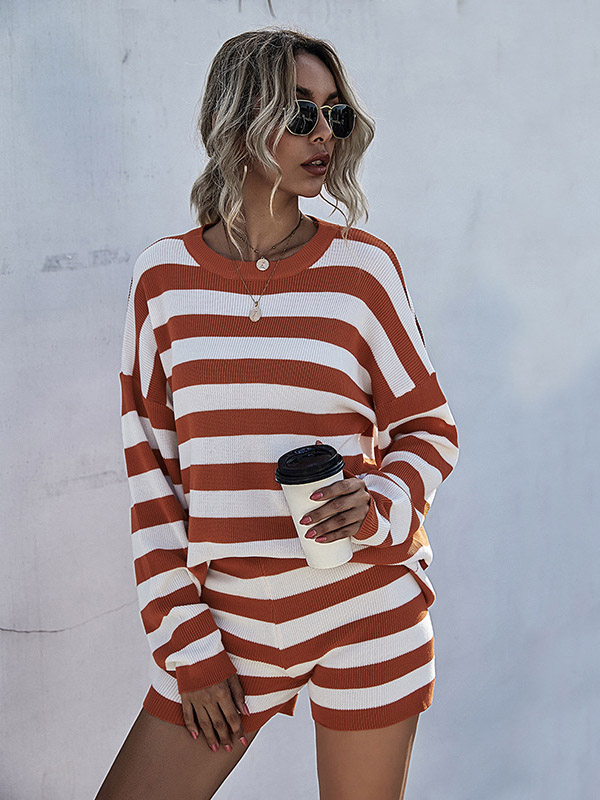 Khaki Stripe Contrast Knitted Sweater and Short Sets