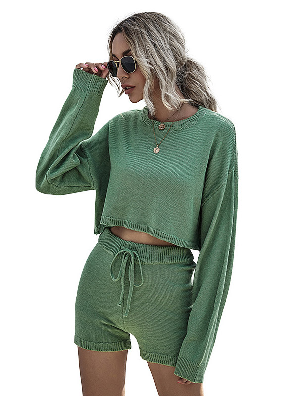 Green Stylish Knitted Cropped Sweaters And Shorts Sets