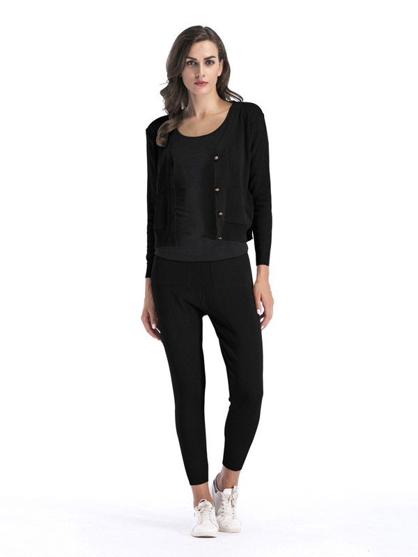 Black Urban Leisure Knitted Cardigans and Pants