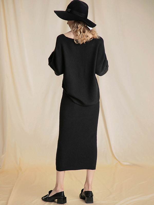 Black V-neck Knitted Sweater and Shift Skirt Sets