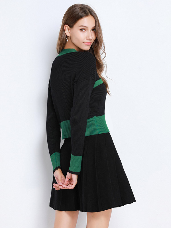 Black Contrast Knitted Cardigan and Skirt Sets