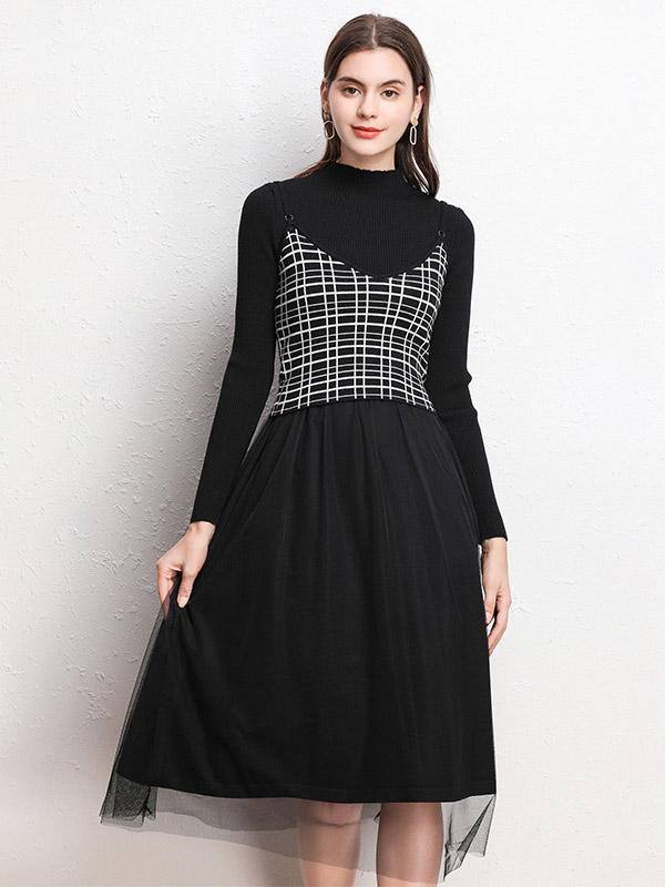 Black Plaid Camisole And Net Yarn Dress Sets