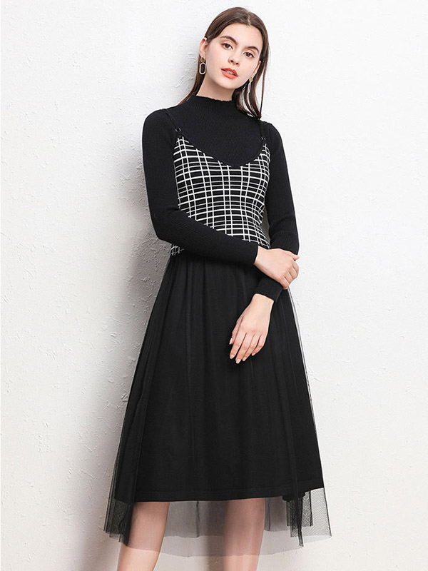 Black Plaid Camisole And Net Yarn Dress Sets